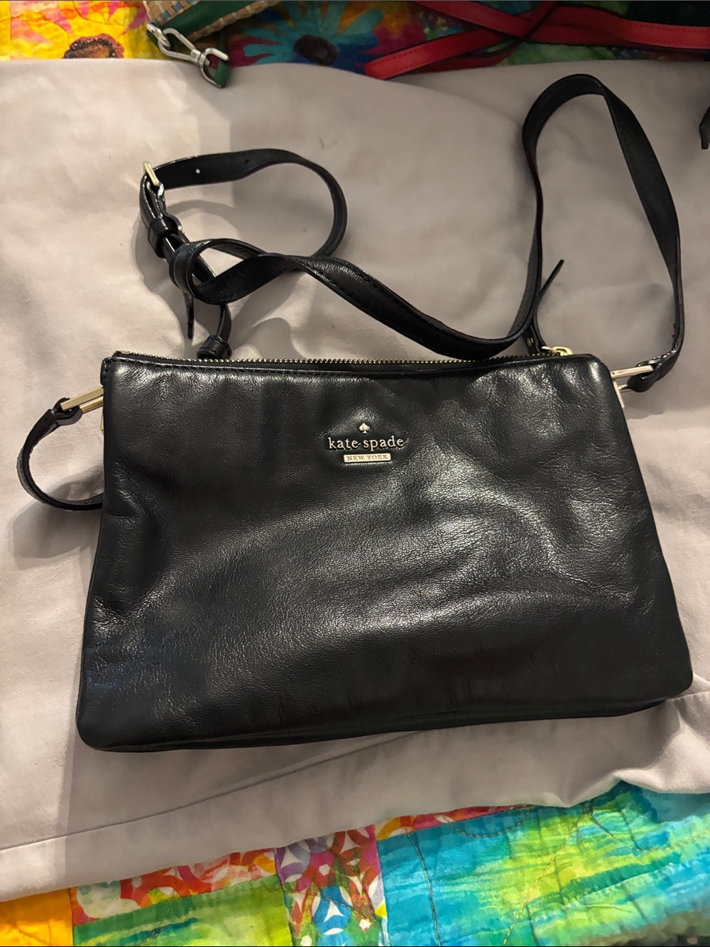 kate spade Black Leather Crossbody with Gold Logo